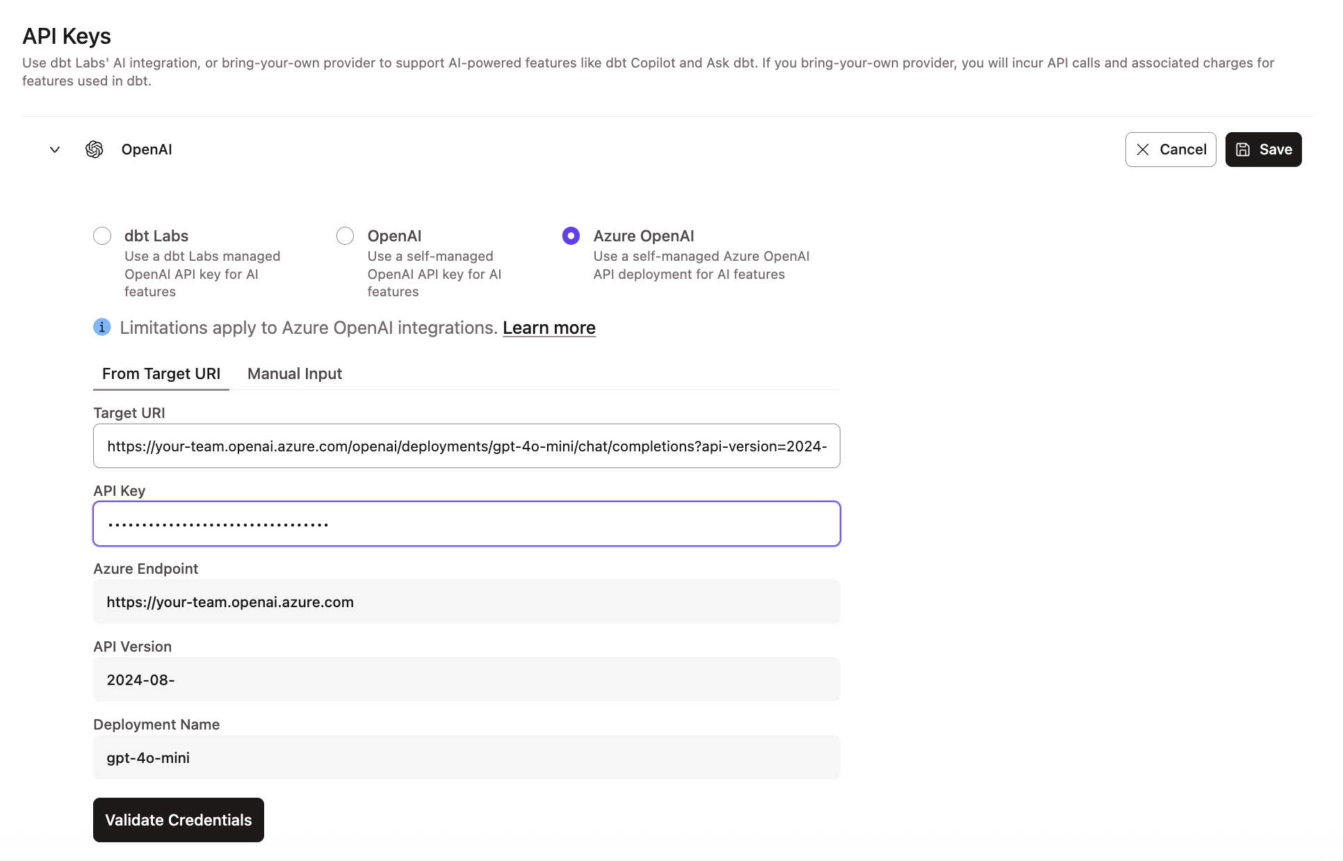 Example of Azure OpenAI integration section